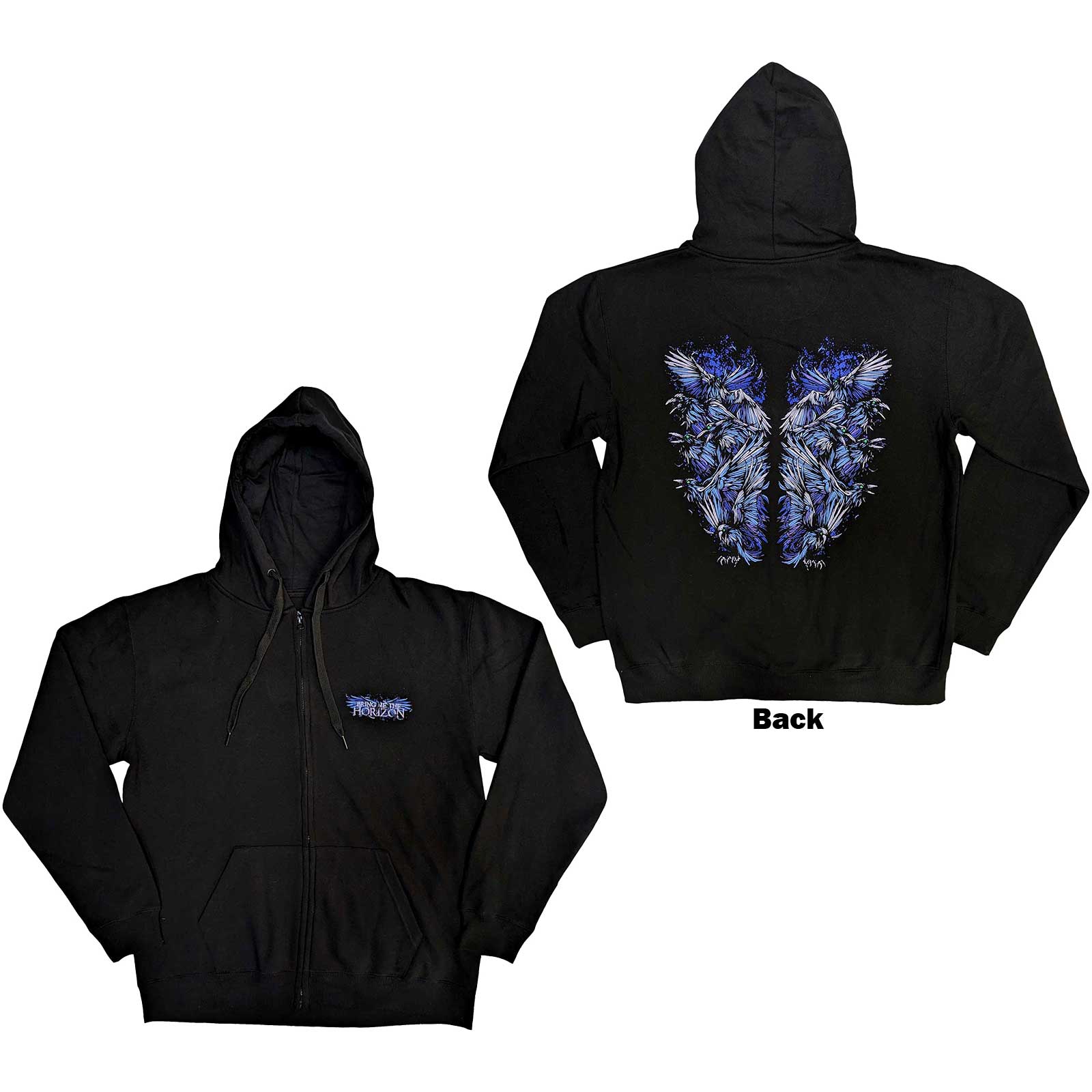 Bring Me The Horizon Unisex Zipped Hoodie: Blue Crow Wings (Back Print) (XX-Large)