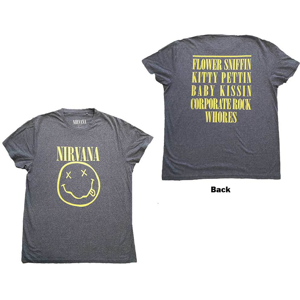 Nirvana Unisex T-Shirt: Yellow Smiley (Back Print)  (Medium)