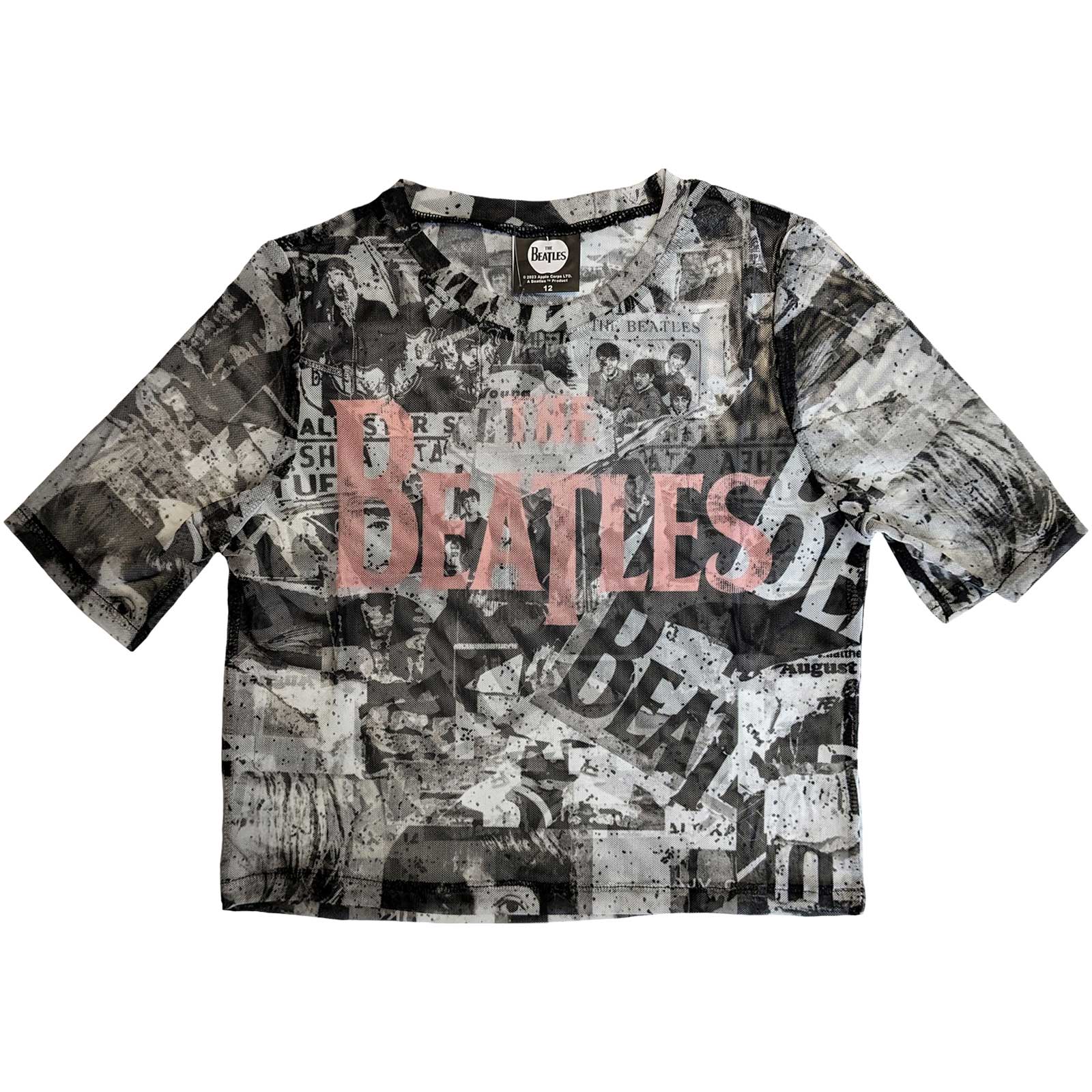 The Beatles Ladies Crop Top: All Over Print & Drop T Logo (Mesh) (XX-Small)