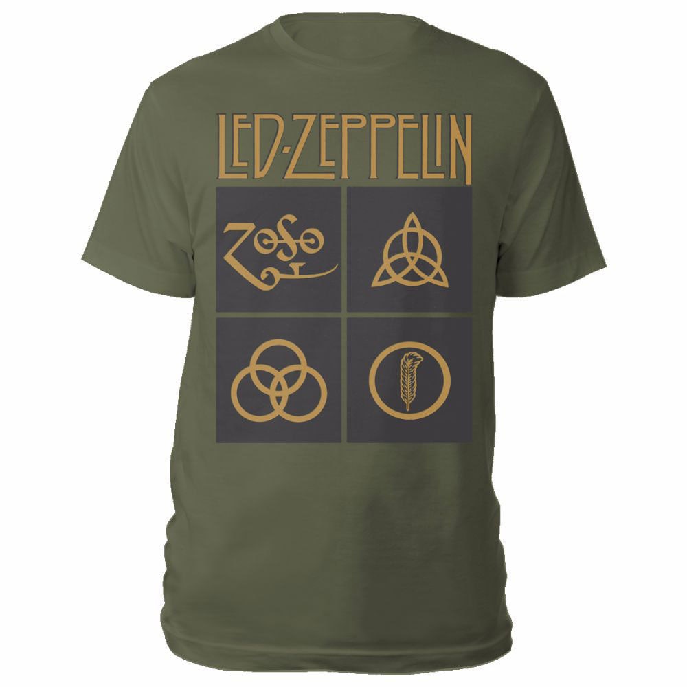 Led Zeppelin Unisex T-Shirt: Gold Symbols in Black Square (Small)
