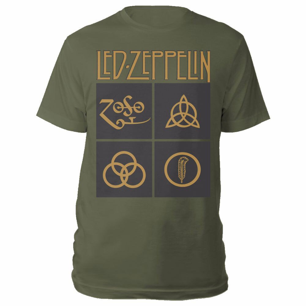 Led Zeppelin Unisex T-Shirt: Gold Symbols in Black Square (Large)