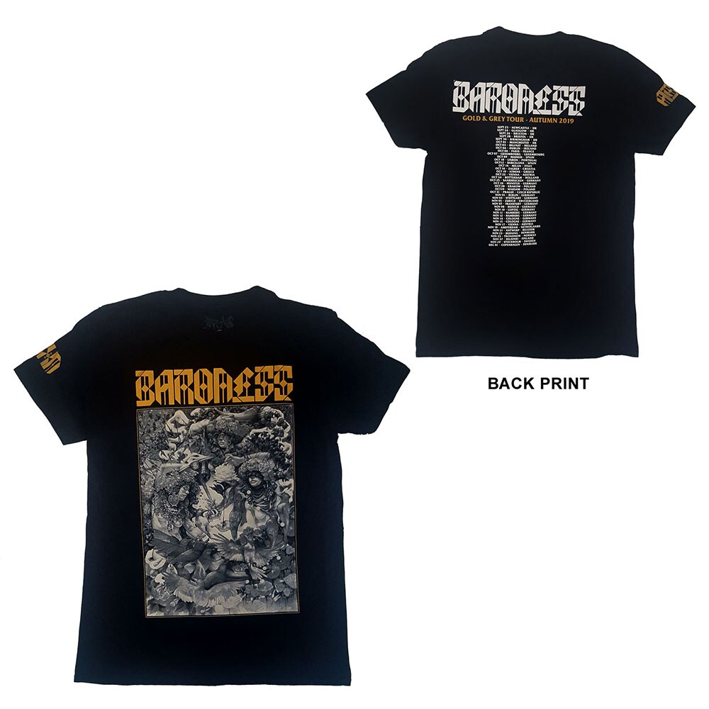 Baroness Unisex T-Shirt: Gold & Grey Date back (Back Print/Ex. Tour) (Small)