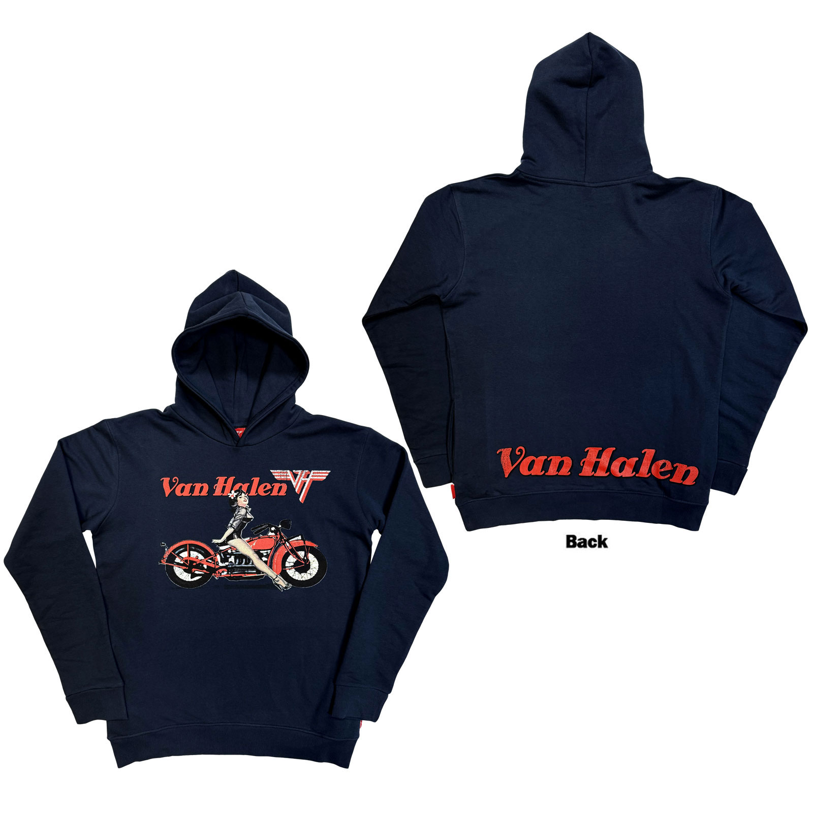 Van Halen Unisex Premium Hoodie: Pinup Motorcycle (Marineblå) (Tryk På Ryggen) - 4