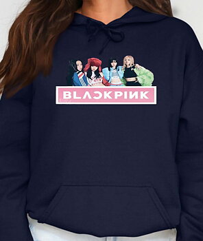 BlackPink dam hoodie: "Band Photo" - Marinblå - storlek X-Large