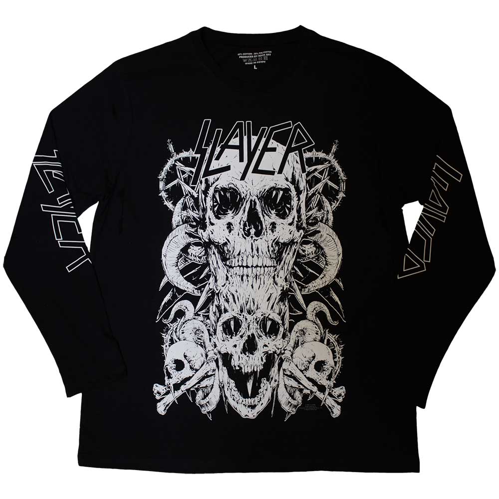 Slayer Unisex Long Sleeve T-Shirt: White Skulls (Sleeve Print) (Large)