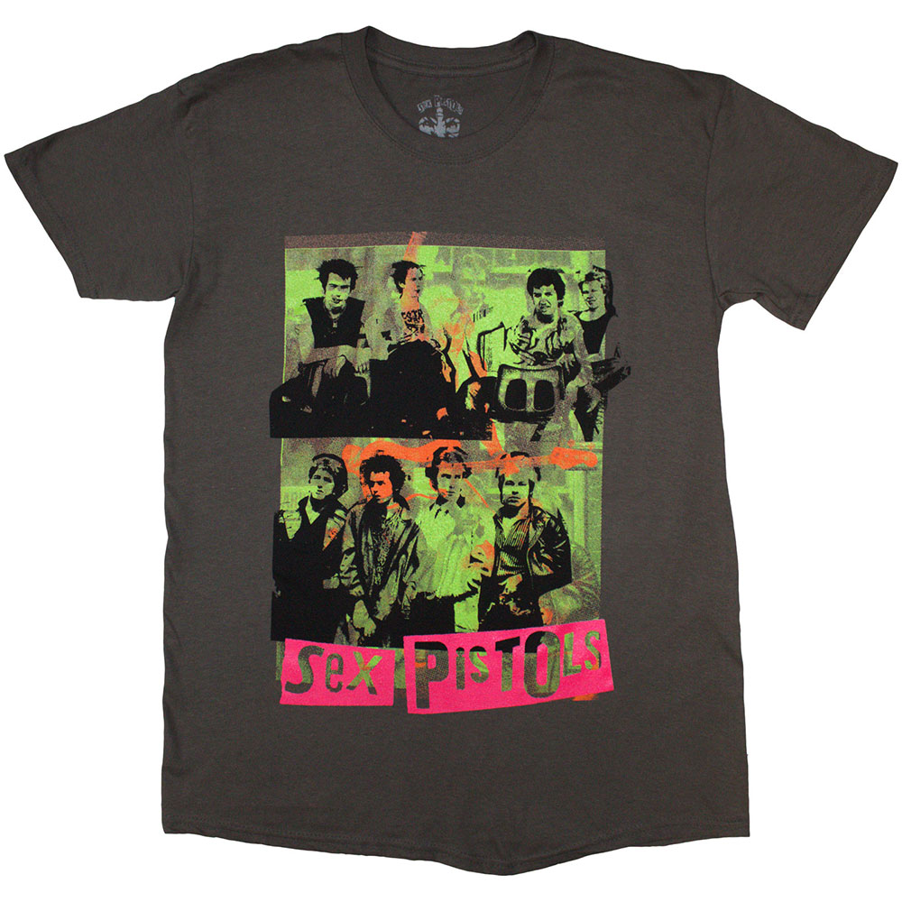 The Sex Pistols Unisex T-Shirt: Band Green Montage (Charcoal Grey) (Small)