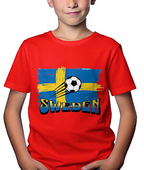 Sverige Fotboll Barn T-shirt: "Flagga" - Röd - 100% Bomull - Storlek 3-14 år