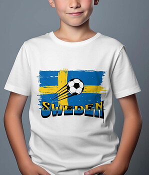 Sverige Fotboll Barn T-shirt: "Flagga" - Vit - 100% Bomull - Storlek 3-14 år