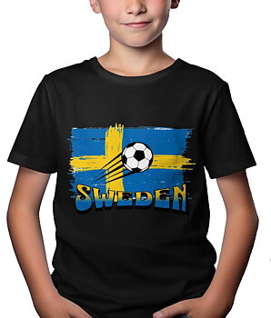 Sverige Fotboll Barn T-shirt: "Flagga" - Svart - 100% Bomull - Storlek 3-14 år