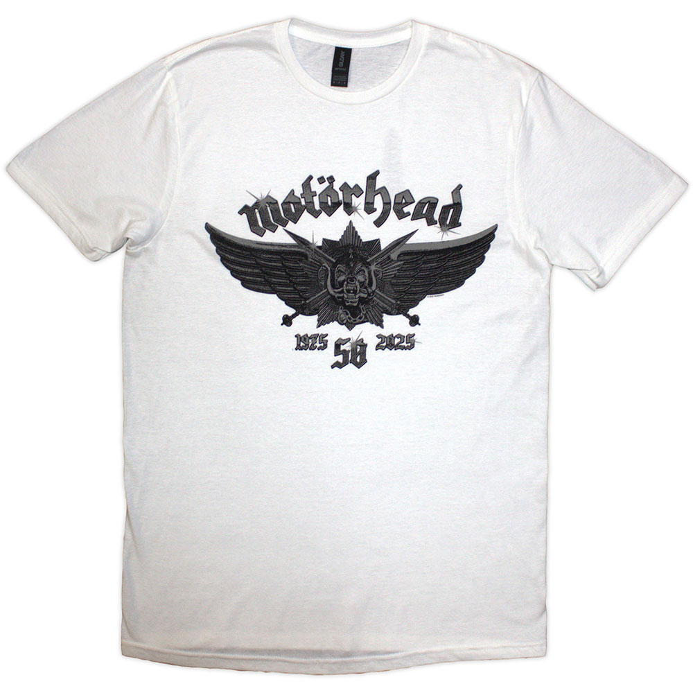 Motorhead Unisex T-Shirt: 50 Years Wings Badge (White) (Medium)