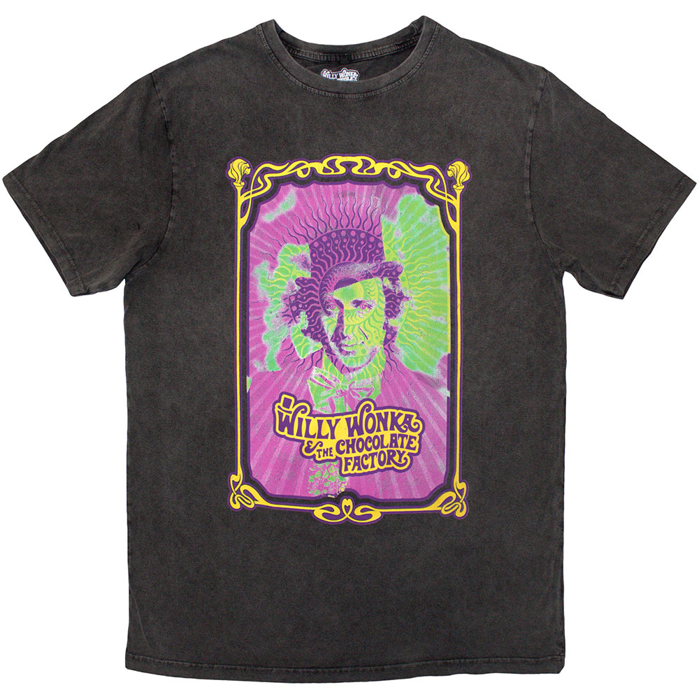 Willy Wonka Unisex Stone Wash T-Shirt: Psych Poster (Charcoal Grey) (Large)