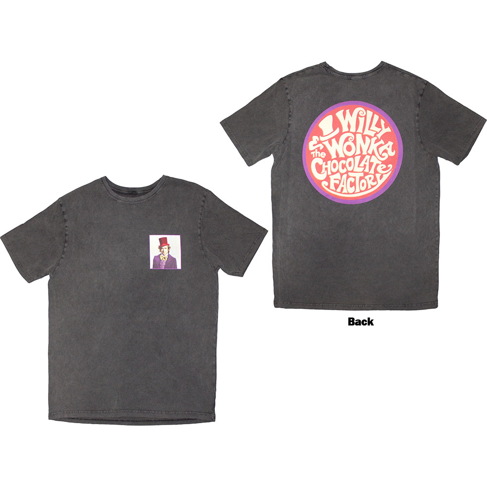 Willy Wonka Unisex Stone Wash T-Shirt: Logo Emblem (Charcoal Grey) (Back Print) (X-Large)