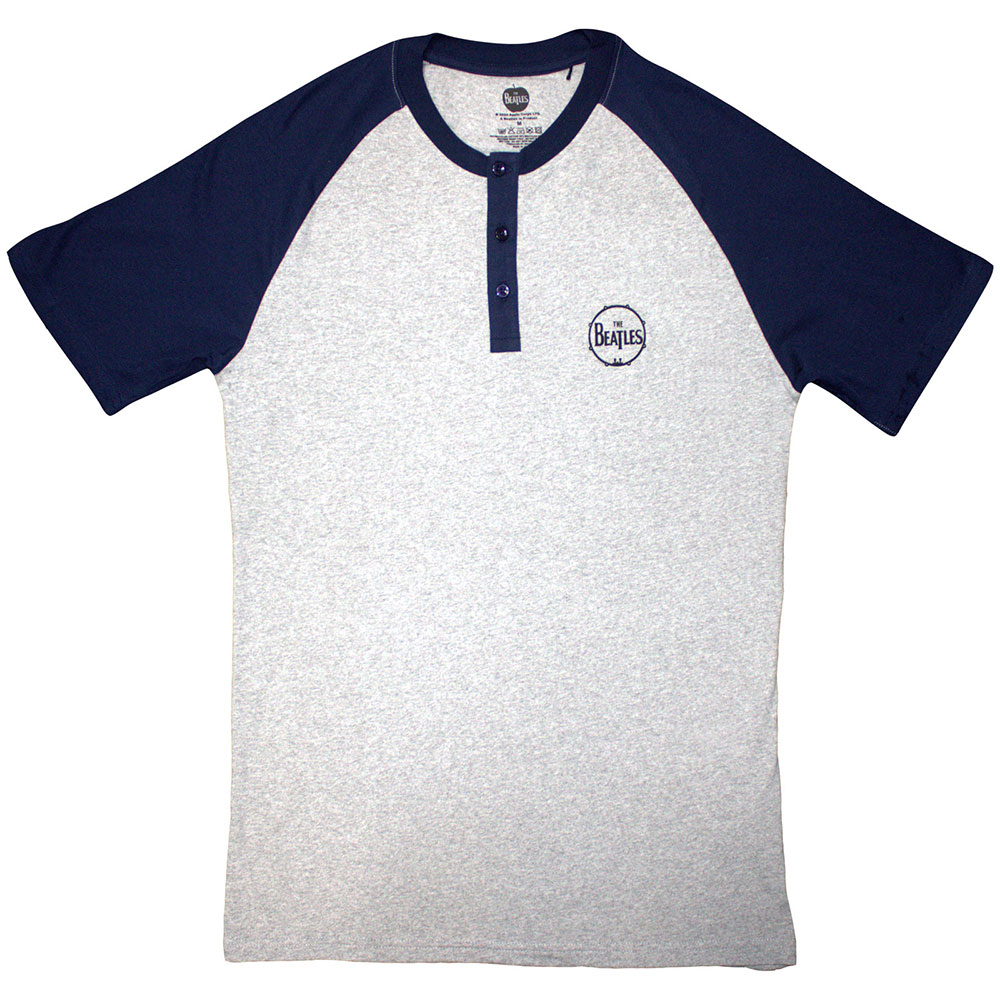 The Beatles Unisex Raglan T-Shirt: Mini Drum Logo (Grey & Navy Blue) (3 Button Collar) (X-Large)