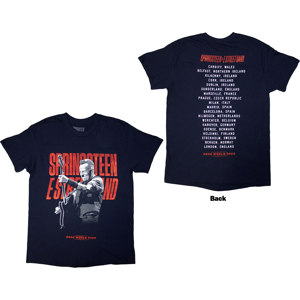 Bruce Springsteen Unisex T-Shirt: Tour '24 Guitar Photo (Navy Blue) (Back Print & Ex-Tour) (Small)