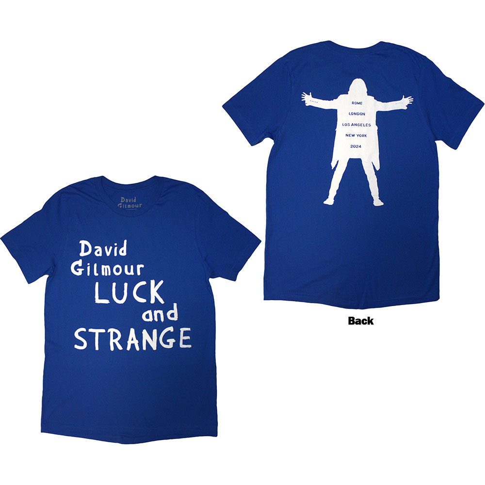 David Gilmour Unisex T-Shirt: Luck & Strange Logo (Blue) (Back Print & Ex-Tour) (Large)