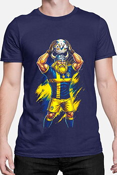 Sverige Fotboll Unisex T-shirt: "Viking" - Marinblå - 100% Bomull - Storlek XS-XXL