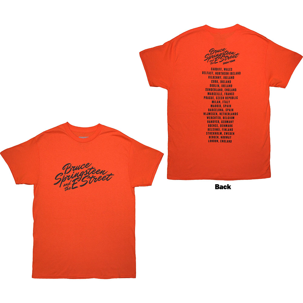 Bruce Springsteen Unisex T-Shirt: Tour '24 River Font (Orange) (Back Print & Ex-Tour) (XX-Large)