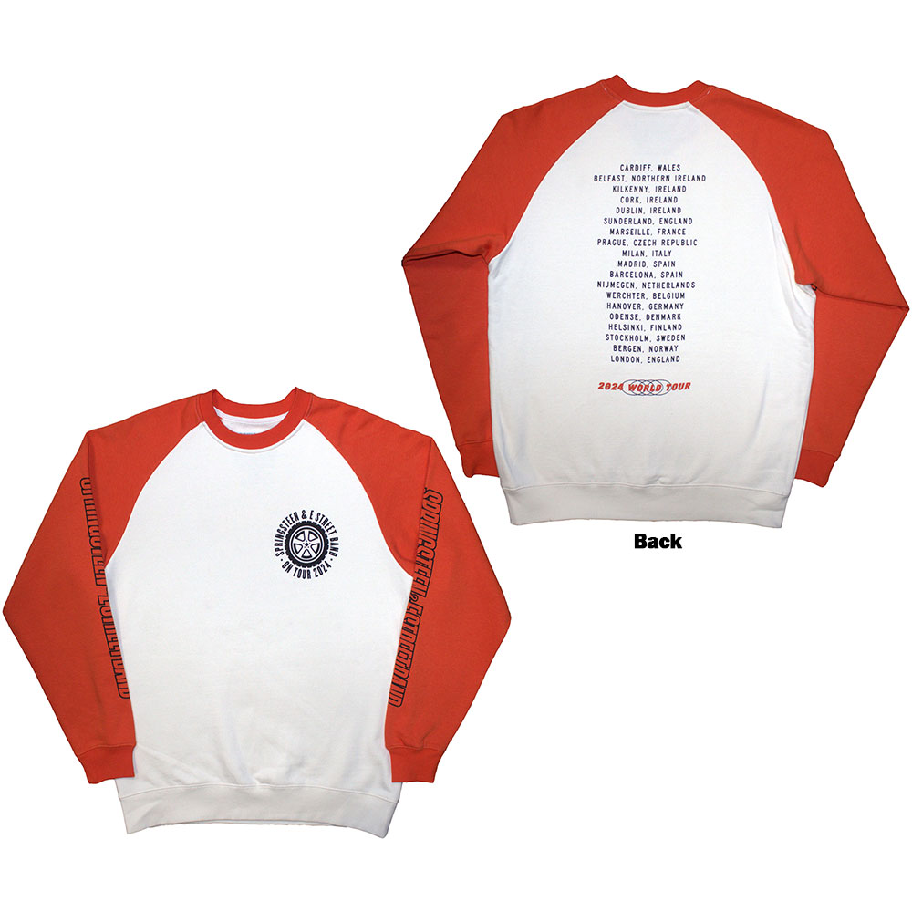 Bruce Springsteen Unisex Raglan T-Shirt: Tour '24 Wheel (White & Orange) (Back Print & Ex-Tour) (Medium)