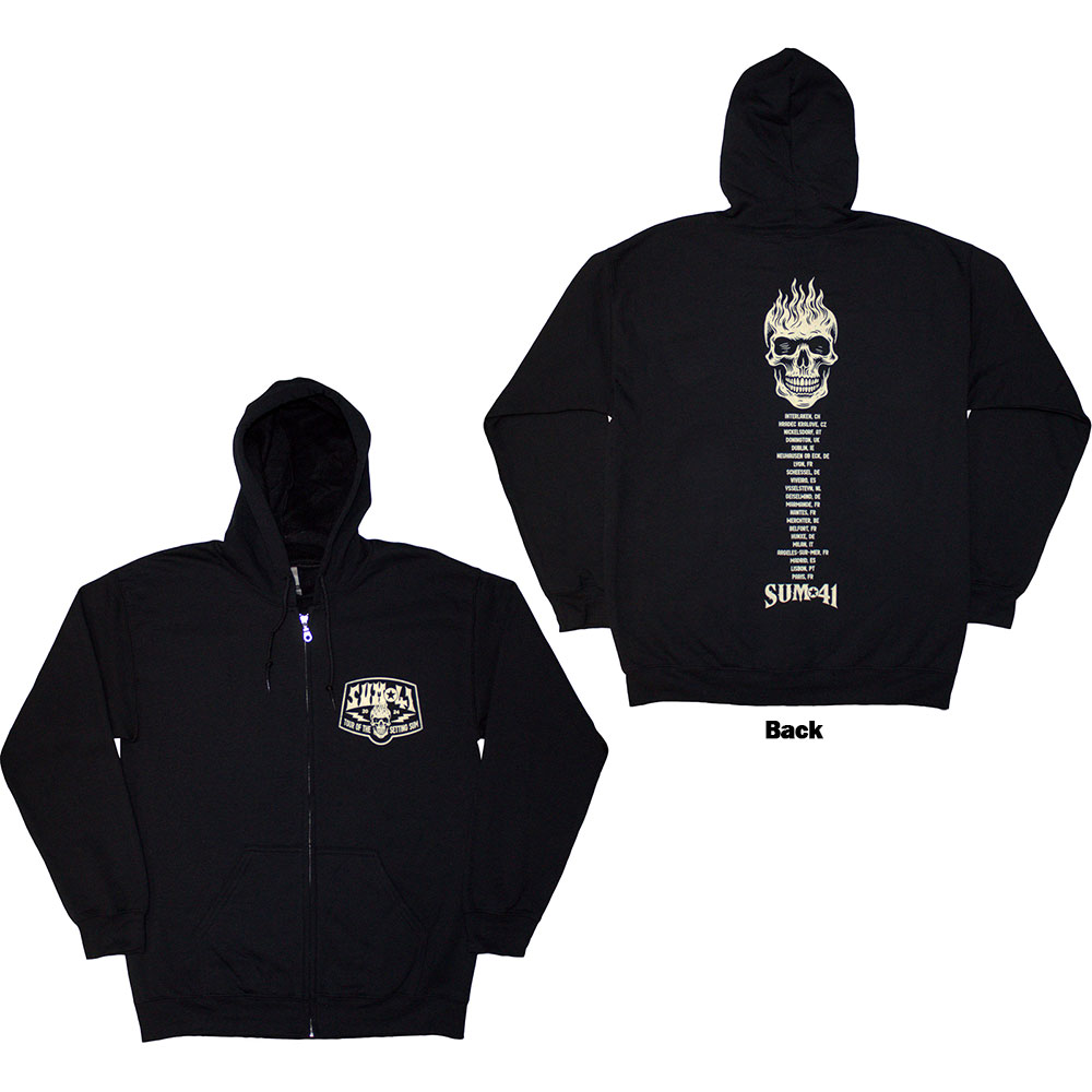 Sum 41 Unisex Zipped Hoodie: Tour '24 Pocket Logo & Skull Back (Black) (Back Print & Ex-Tour) (Large)