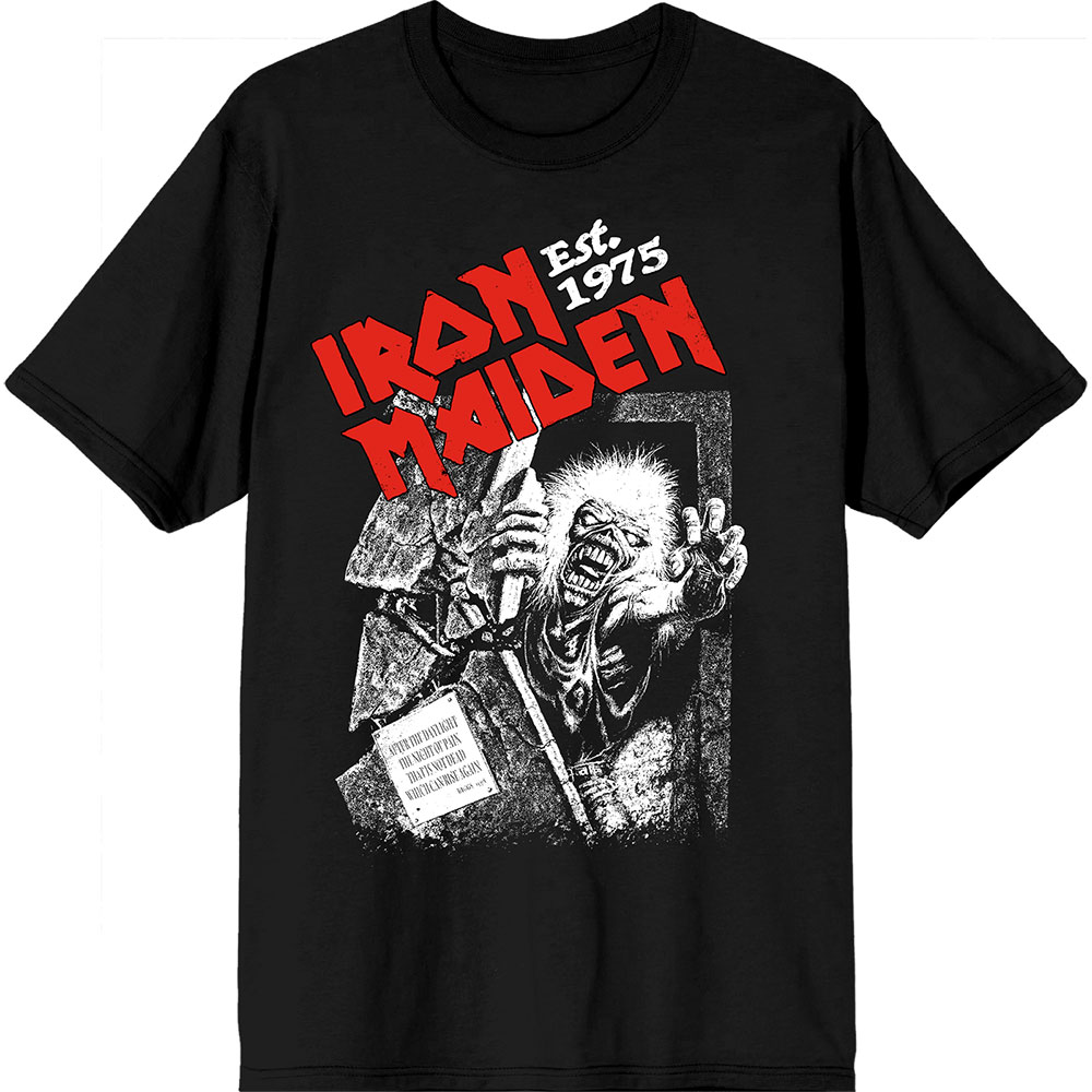 Iron Maiden Unisex T-Shirt: Est. 1975 No Prayer Grave Red Logo (Black) (Small)
