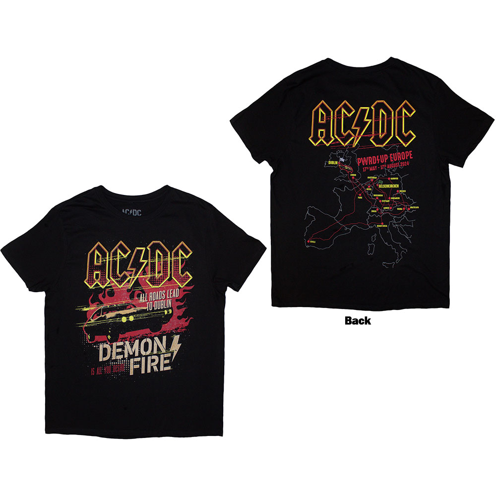AC/DC Unisex T-Shirt: Demon Fire PWR-UP EU Tour '24 (Back Print & Ex-Tour) (Large)