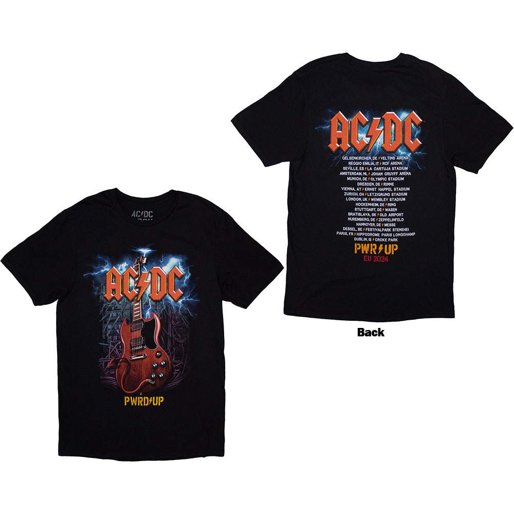 AC/DC Unisex T-Shirt: Guitar PWR-UP EU Tour '24 (Back Print & Ex-Tour) (Small)
