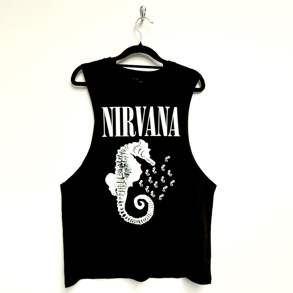 Nirvana Unisex Vest T-Shirt: Seahorse & Logo Mono (Black) (Large)