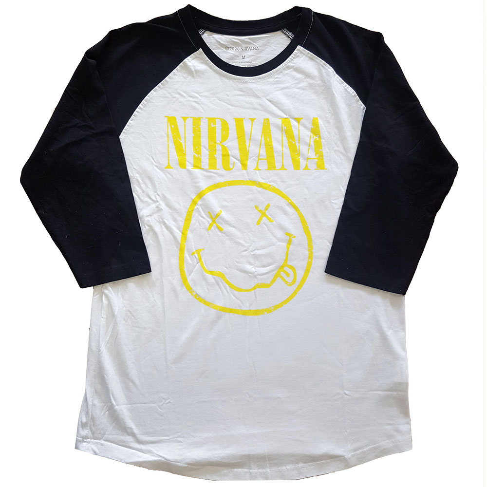 Nirvana Unisex Raglan T-Shirt: Yellow Smiley (X-Large)