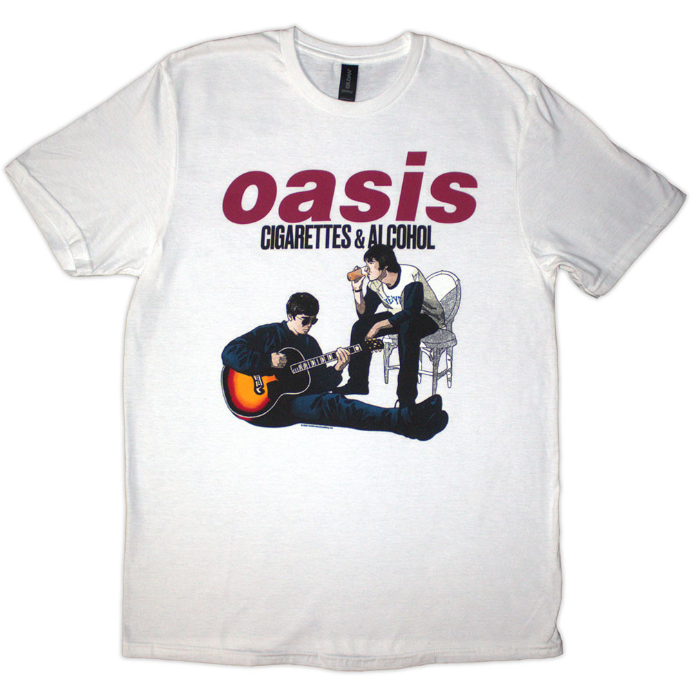 Oasis Unisex T-Shirt: Cigarettes & Alcohol Illustration (White) (Small)