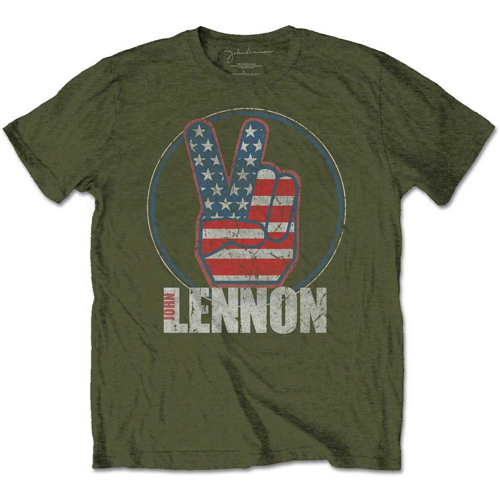 John Lennon Unisex T-Shirt: Peace Fingers US Flag (Medium)