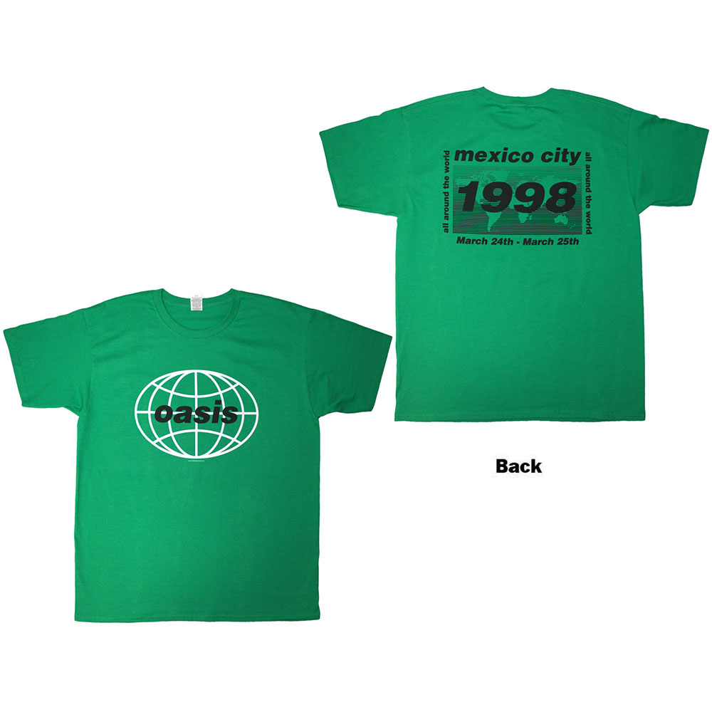 Oasis Unisex T-Shirt: 1998 World Tour - Mexico City (Green) (Back Print) (Small)