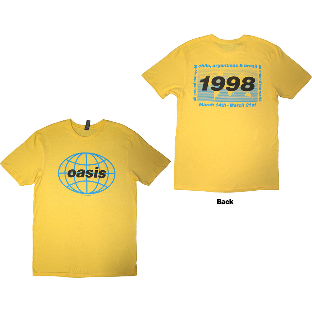 Oasis Unisex T-Shirt: 1998 World Tour - South America (Yellow) (Back Print) (Small)