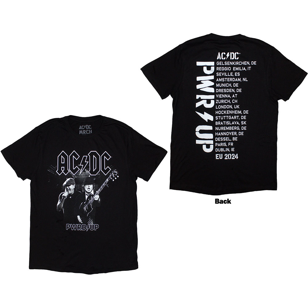 AC/DC Unisex T-Shirt: PWRD-UP B&W Photo EU Tour '24 (Back Print & Ex-Tour) (X-Large)