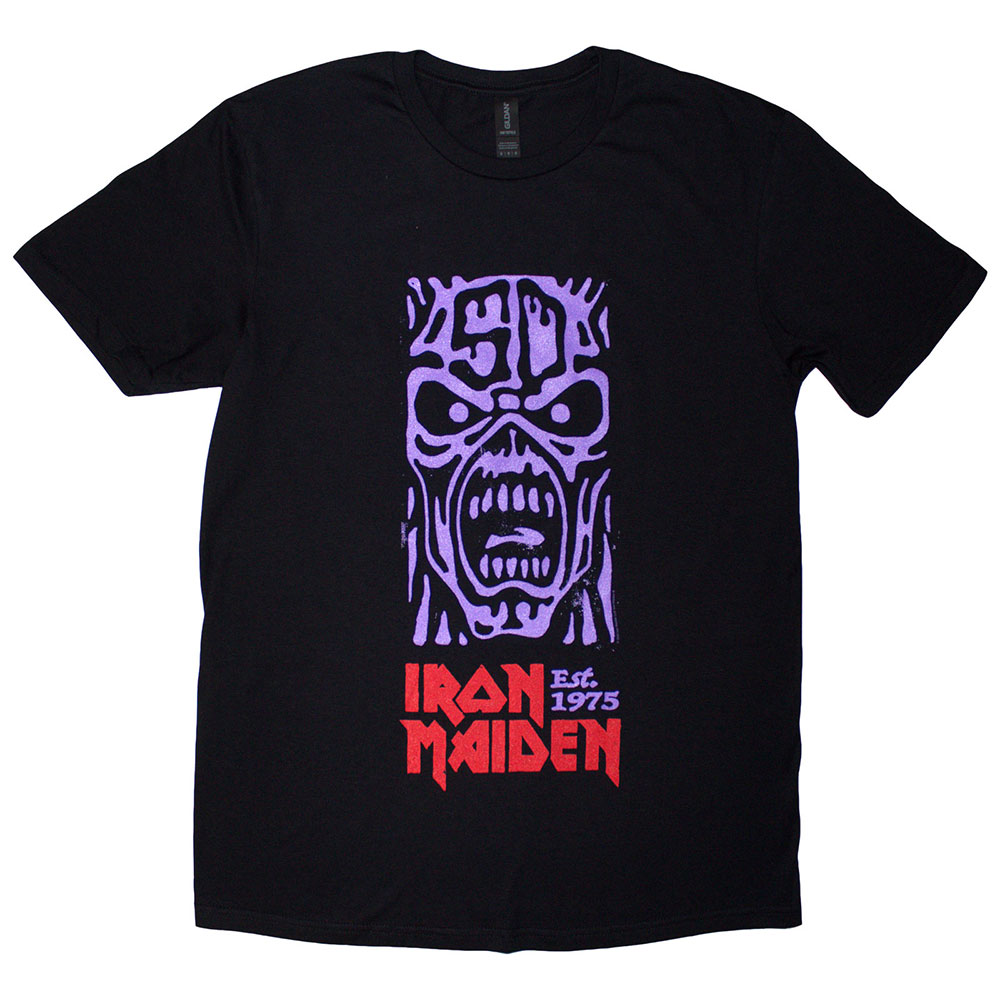 Iron Maiden Unisex T-Shirt: Est. 1975 Stamp Logo Purple (Black) (Large)