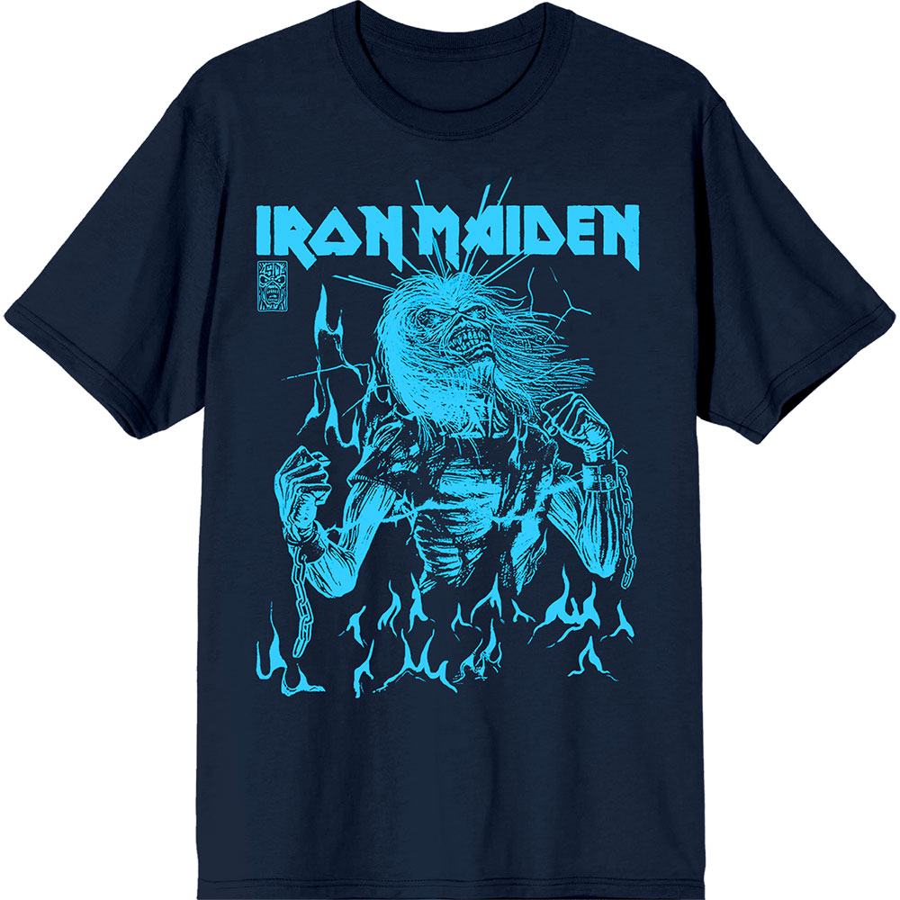 Iron Maiden Unisex T-Shirt: 50 Life After Death Flames Blue (Navy Blue) (Medium)