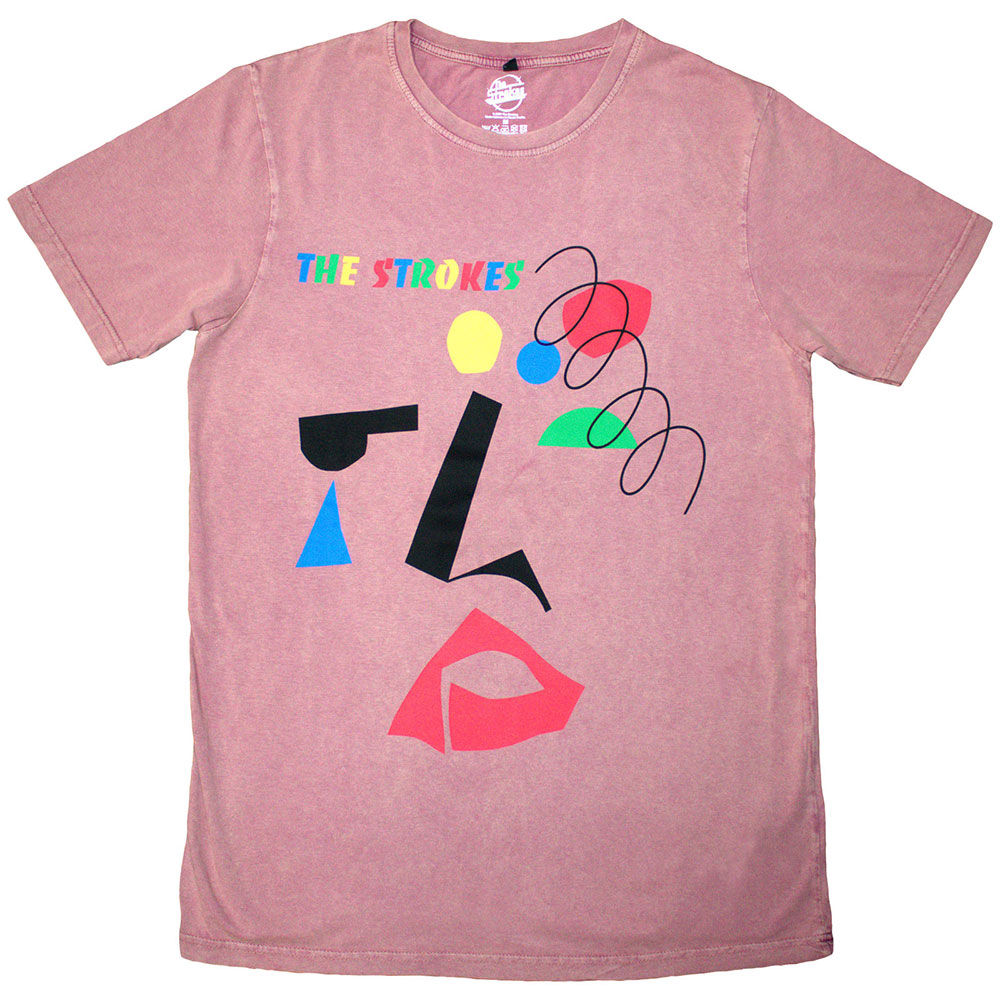 The Strokes Unisex Stone Wash T-Shirt: Abstract Face (Kashmir Red) (Medium)