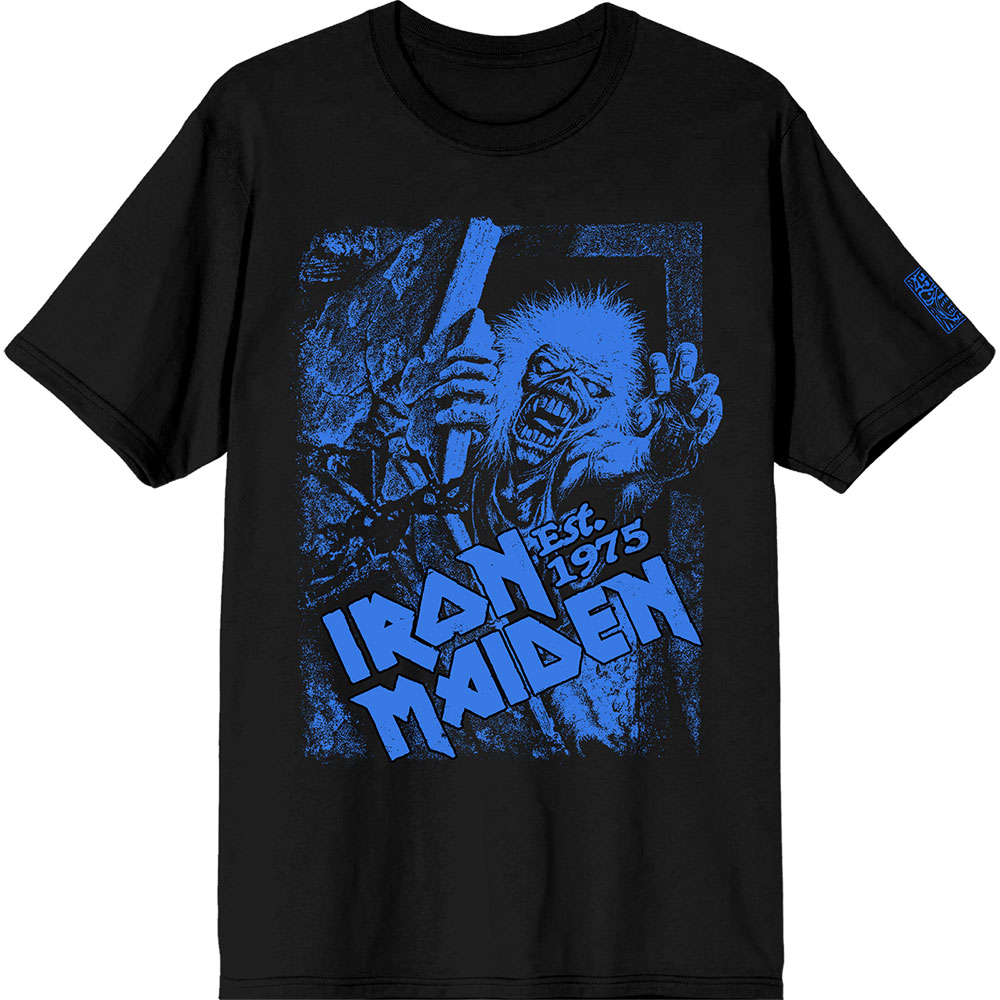 Iron Maiden Unisex T-Shirt: Est. 1975 No Prayer Grave Blue (Black) (Sleeve Print) (Large)