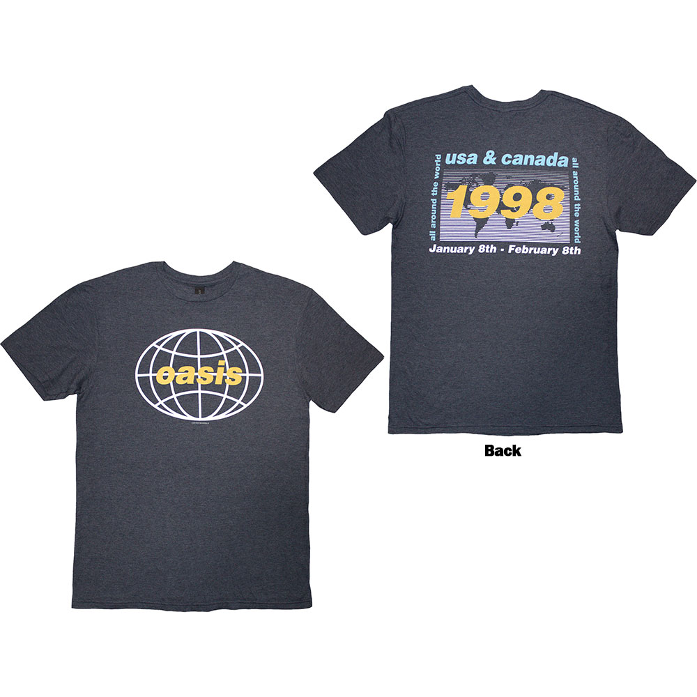 Oasis Unisex T-Shirt: 1998 World Tour - USA/Canada (Navy Blue) (Back Print) (X-Large)