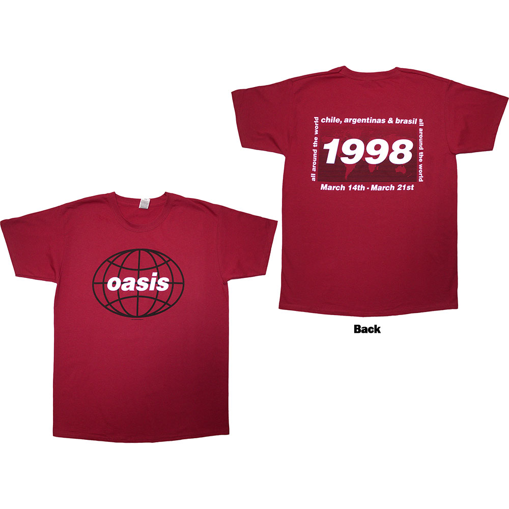 Oasis Unisex T-Shirt: 1998 World Tour - South America (Red) (Back Print) (XX-Large)