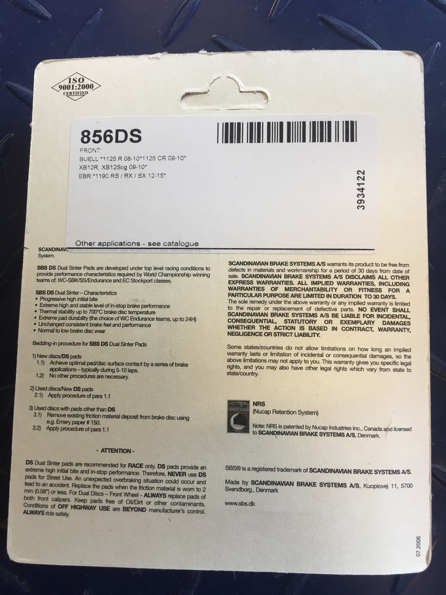 SBS BRAKE PAD SET, FRONT, RACE 856DS - 3