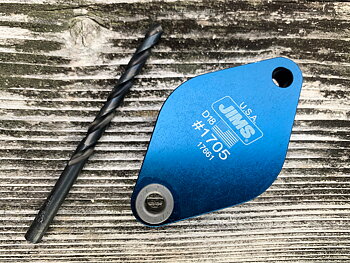 Jims 1705 Tool, Buell aircooled Exhaust stud drilling plate with 1/4" drill bit