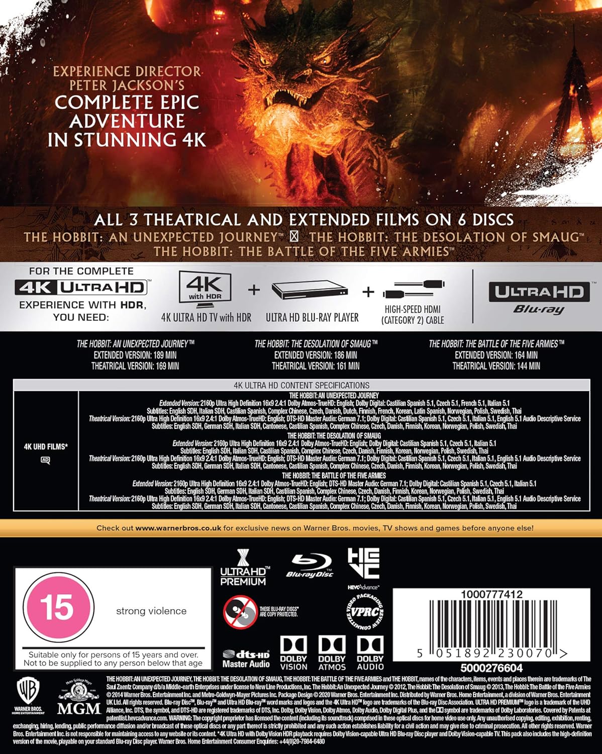 Hobbit The Motion Picture Trilogy - Theatrical And Extended Movies (4K Ultra HD) - 2
