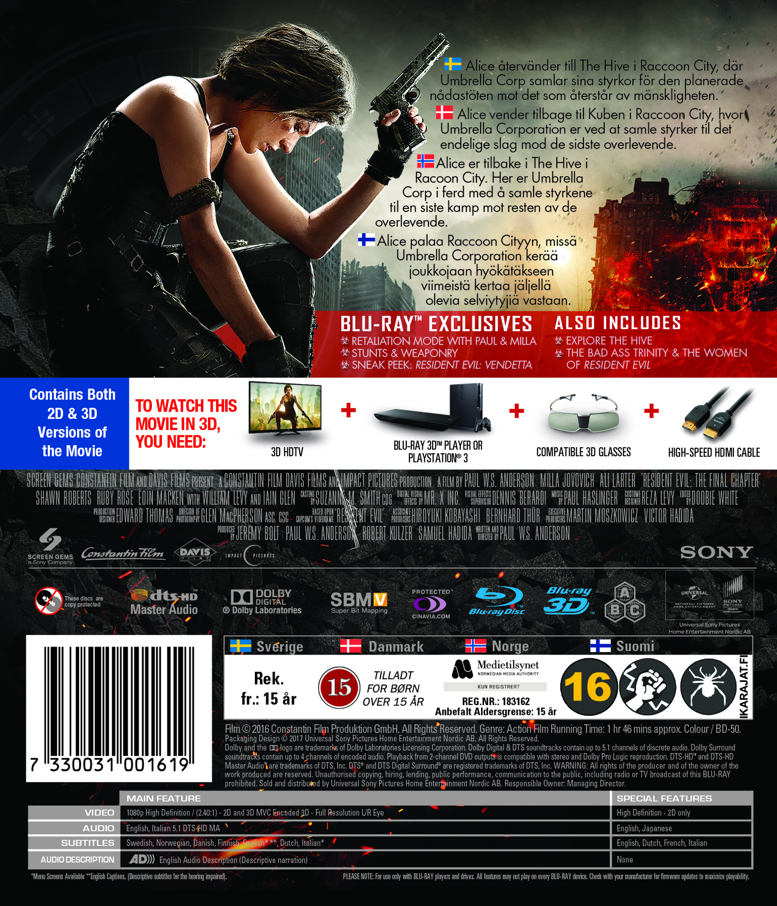 Resident Evil: Final Chapter (Real 3D + Blu ray) - 2