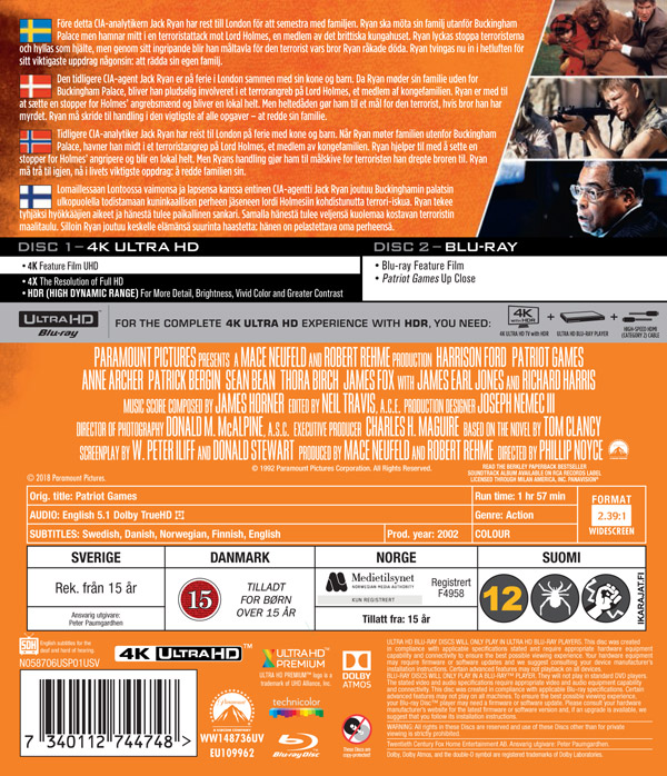 Patriot Games (4K Ultra HD Bluray + Bluray) Kvarnvideo.se