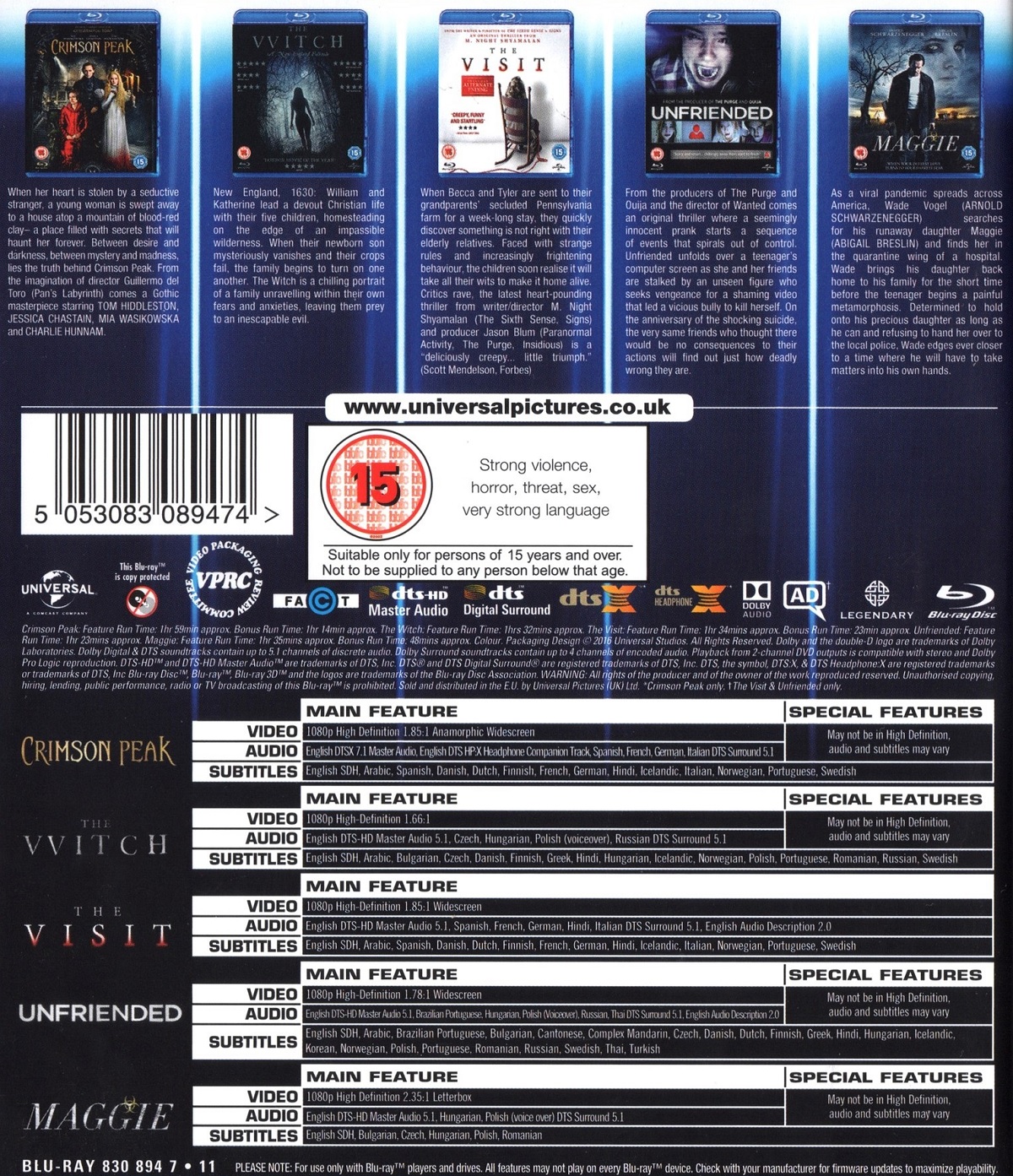 The Witch / Crimson Peak / Maggie / The Visit / Unfriended (ej svensk text Maggie) (Blu-ray) - 2