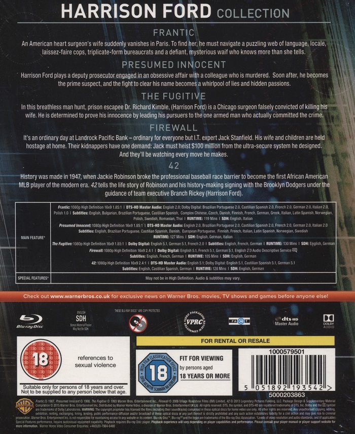 Harrison Ford - 5 Film Collection (ej svensk text Fugitive / Firewall / 42) (Blu-ray) - 2