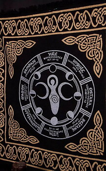 Altar & Tarot Cloth - Black with Metallic Gold & Silver Pagan Wheel of the Year, 60x60cm