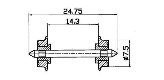 Hjulaxel, DC Dubbelisolerad, 24.75mm x 7,5mm, 2-pack
