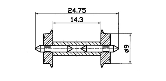 Hjulaxel 9mm, 24.75mm, DC (2st) (delad axel)