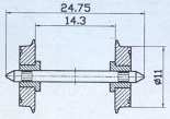 Hjulaxel, DC Dubbelisolerad, 24.75mm x 11mm, 2-pack